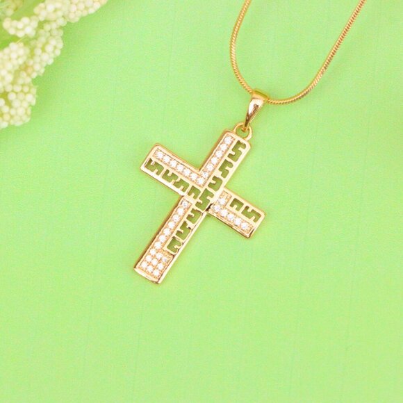 "Rose Gold Cross Pendant with Greek Key Design and Sparkling Stones, XPPT1610 - Picture 13 of 13